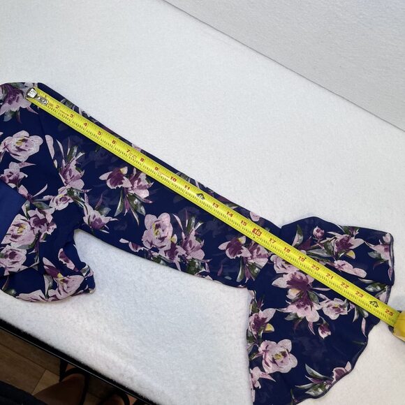 Essue crop top sheer flounce sleeve dark blue pink purple womens M - Picture 16 of 16